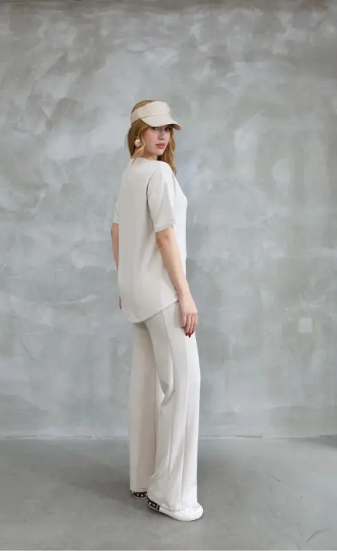 Osy Modal Soft Touch Fabric Crew Neck Stone Detailed Short Sleeve Set - Off White - 1