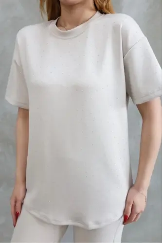 Osy Modal Soft Touch Fabric Crew Neck Stone Detailed Short Sleeve Set - Off White - 2