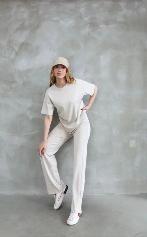 Osy Modal Soft Touch Fabric Crew Neck Stone Detailed Short Sleeve Set - Off White - 3