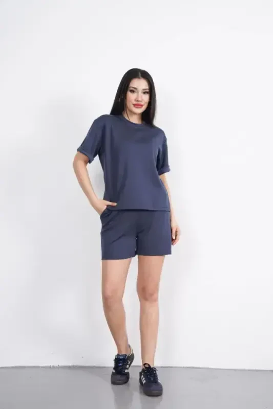 Osy Modal Soft Touch Fabric Crew Neck T-shirt Short Set - Anthracite - 2