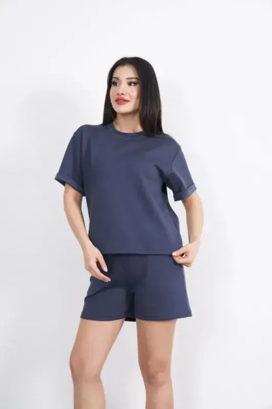 Osy Modal Soft Touch Fabric Crew Neck T-shirt Short Two Piece Set - Anthracite - 3