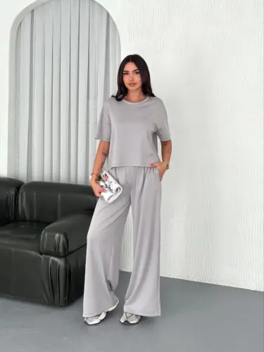 Osy Modal Soft Touch Fabric Crew Neck T-shirt Wide Leg Pants Set - Dyed Grey - 4