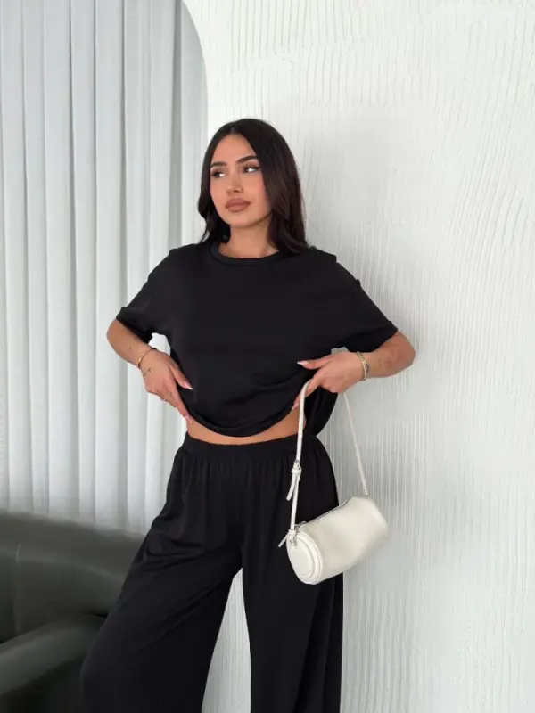 Osy Modal Soft Touch Fabric Crew Neck T-shirt Wide Leg Pants Two Piece Set - Black - BÜYÜKBEDENIZ