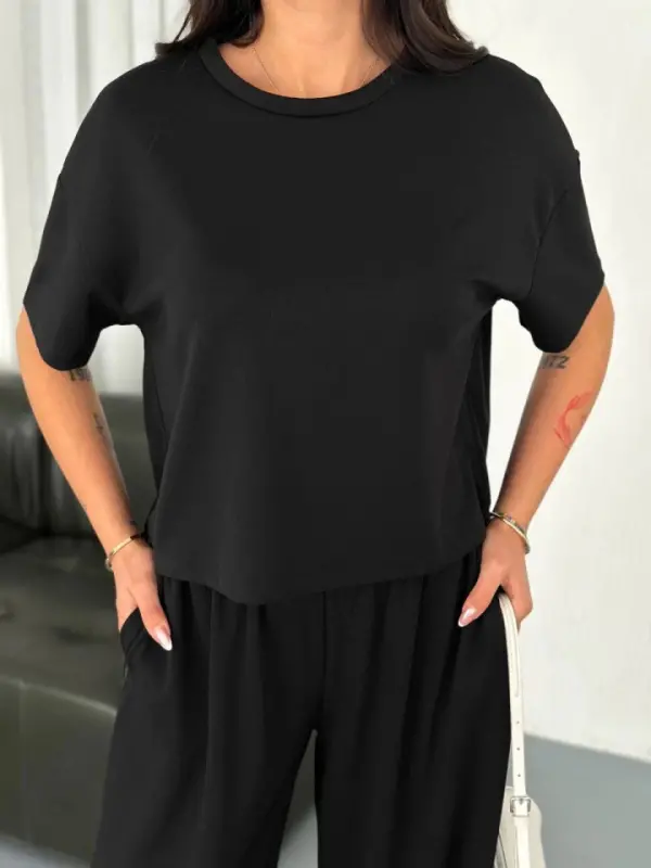 Osy Modal Soft Touch Fabric Crew Neck T-shirt Wide Leg Pants Two Piece Set - Black - 2