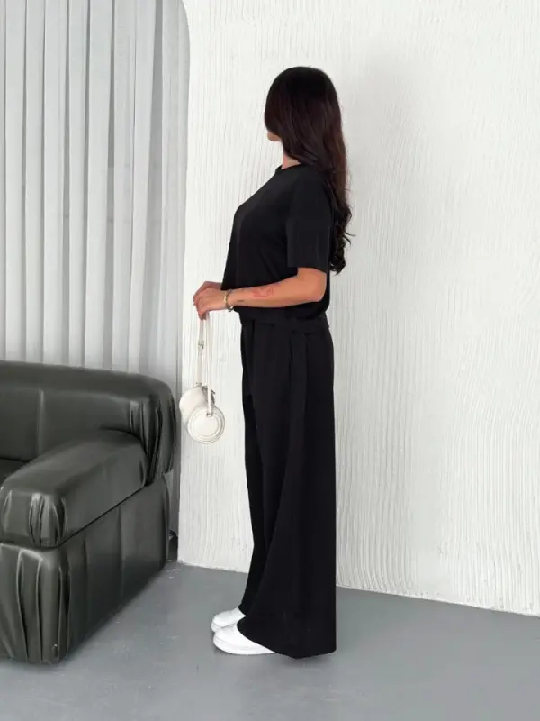 Osy Modal Soft Touch Fabric Crew Neck T-shirt Wide Leg Pants Two Piece Set - Black - 3