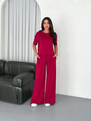 Osy Modal Soft Touch Fabric Crew Neck T-shirt Wide Leg Pants Two Piece Set -Burgundy - 4