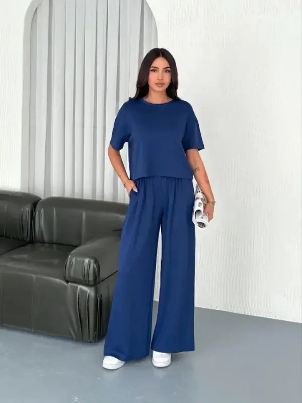 Osy Modal Soft Touch Fabric Crew Neck T-shirt Wide Leg Pants Two Piece Set - Sax Blue - 4
