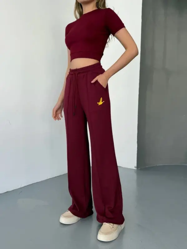 Osy Modal Soft Touch Fabric Embroidered Comfortable Wide Leg Sweatpants - Burgundy - BÜYÜKBEDENIZ