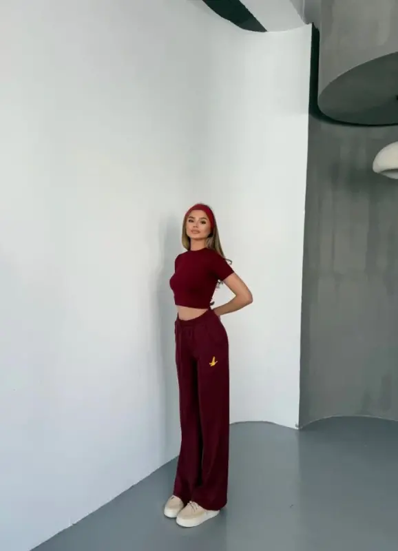 Osy Modal Soft Touch Fabric Embroidered Comfortable Wide Leg Sweatpants - Burgundy - 4