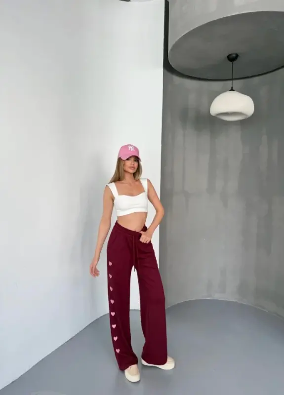 Osy Modal Soft Touch Fabric Embroidered Relaxed Wide Leg Sweatpants - Burgundy - BÜYÜKBEDENIZ