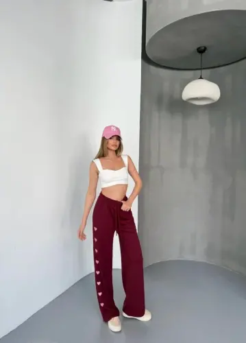 Osy Modal Soft Touch Fabric Embroidered Relaxed Wide Leg Sweatpants - Burgundy - 1