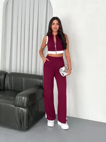Osy Modal Soft Touch Fabric Full Zippered Crop Pants Set - Burgundy - 1