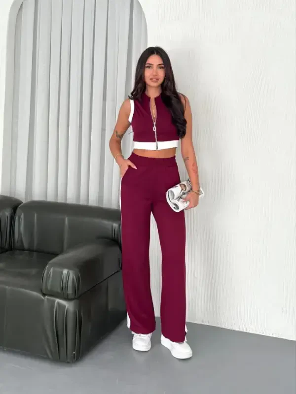 Osy Modal Soft Touch Fabric Full Zippered Crop Pants Set - Burgundy - 1