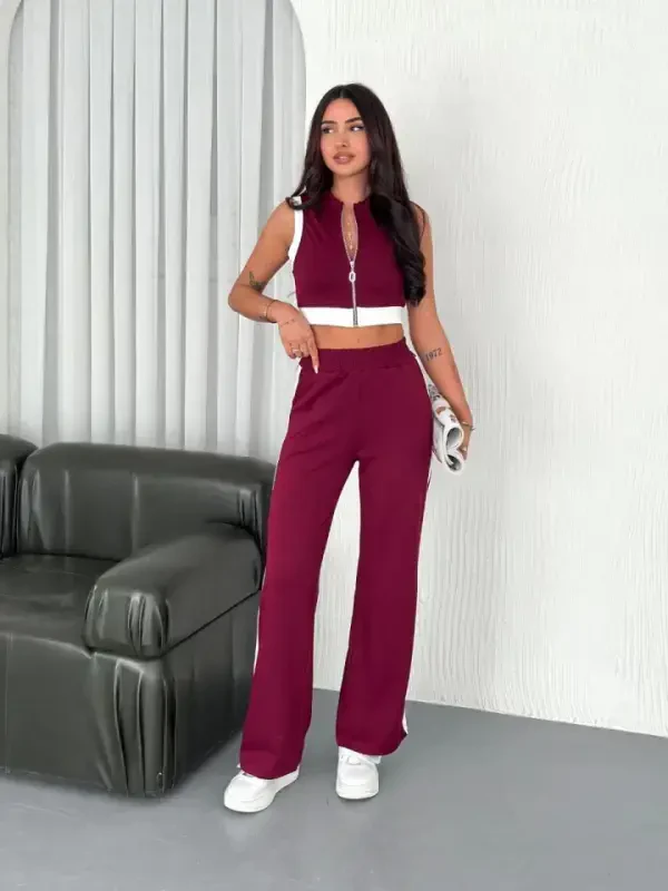 Osy Modal Soft Touch Fabric Full Zippered Crop Pants Set - Burgundy - 3