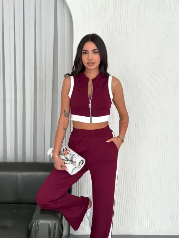 Osy Modal Soft Touch Fabric Full Zippered Crop Pants Set - Burgundy - 4
