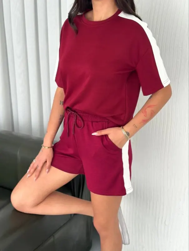 Osy Modal Soft Touch Fabric Panel Bicycle Collar T-shirt Short Two Piece Set - Burgundy - 1