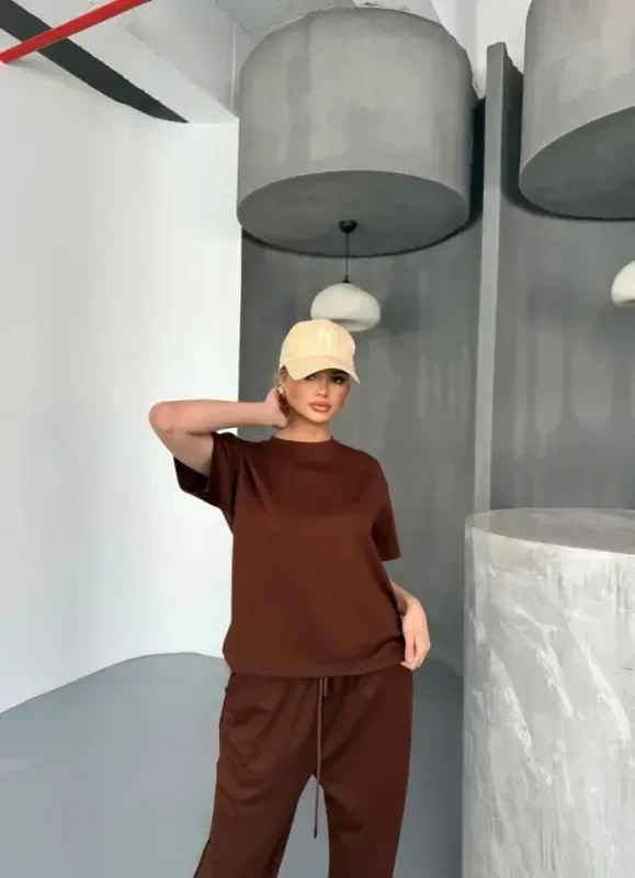 Osy Modal Soft Touch Fabric Short Sleeve Blouse Relaxed Pants Set- Brown - BÜYÜKBEDENIZ