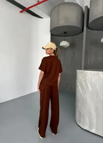 Osy Modal Soft Touch Fabric Short Sleeve Blouse Relaxed Pants Set- Brown - BÜYÜKBEDENIZ (1)