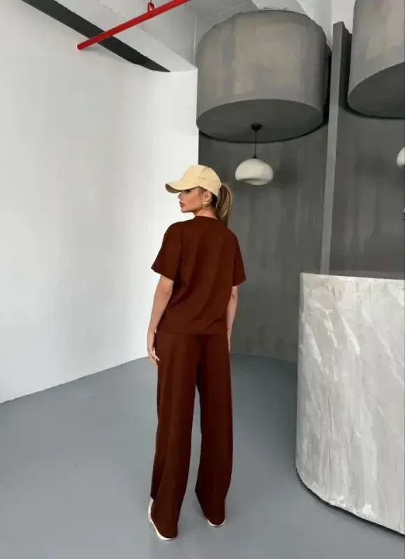 Osy Modal Soft Touch Fabric Short Sleeve Blouse Relaxed Pants Set- Brown - 2