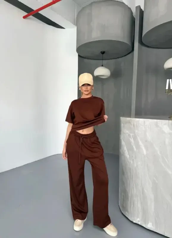 Osy Modal Soft Touch Fabric Short Sleeve Blouse Relaxed Pants Set- Brown - 3