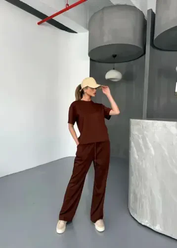 Osy Modal Soft Touch Fabric Short Sleeve Blouse Relaxed Pants Set- Brown - 4