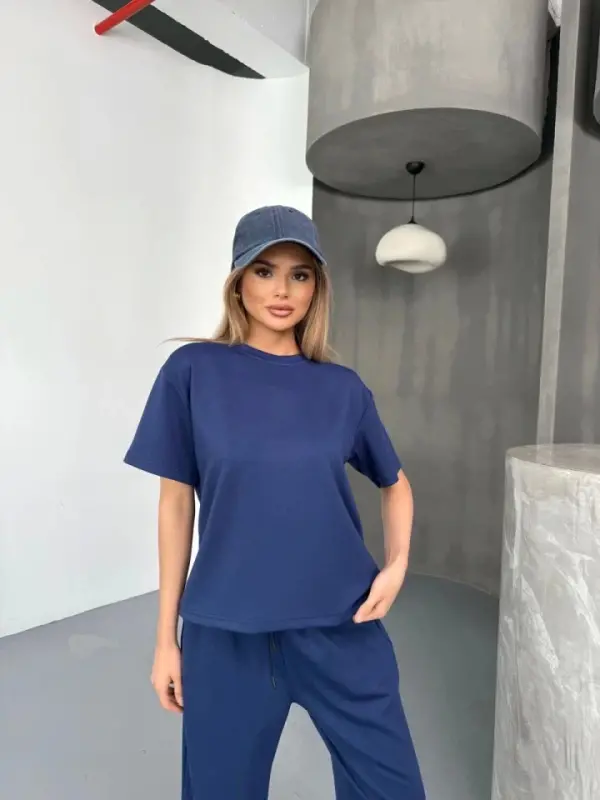 Osy Modal Soft Touch Fabric Short Sleeve Blouse Relaxed Pants Two Piece Set - Navy Blue - 4