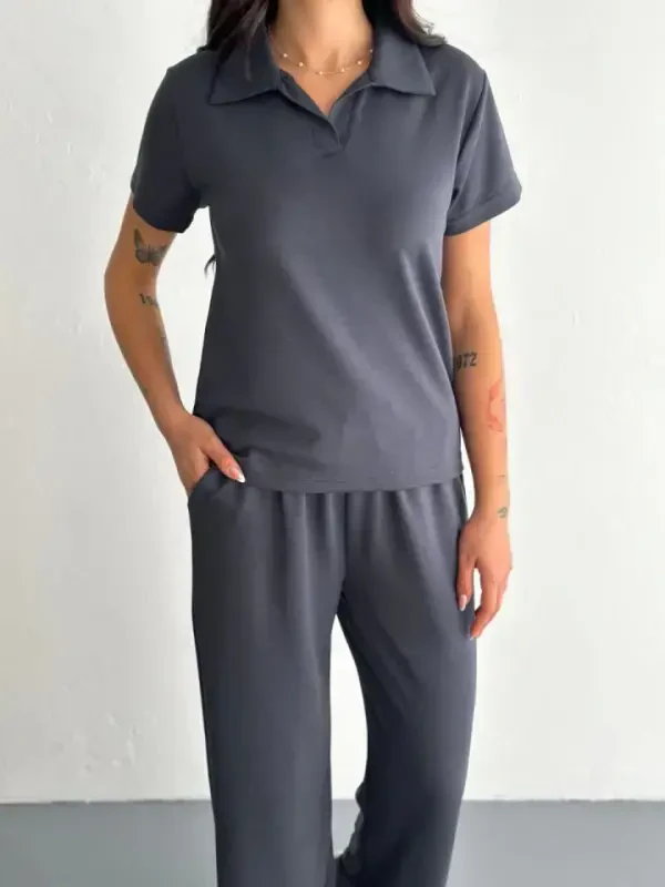 Osy Modal Soft Touch Fabric Short Sleeve Collar T-shirt Pants Set - Anthracite - 2