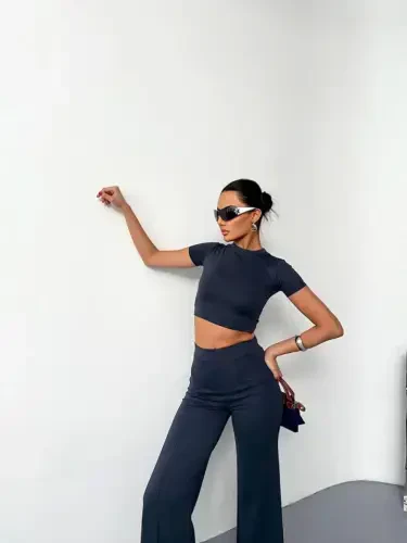 Osy Modal Soft Touch Fabric Short Sleeve Crop Flare Leg Pants Set - Smoke Gray - 2