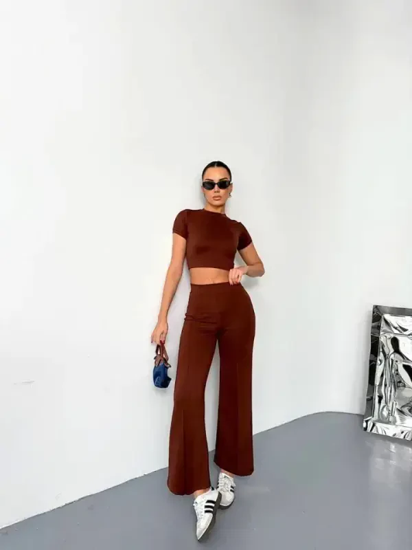 Osy Modal Soft Touch Fabric Short Sleeve Crop Flared Pants Set - Brown - BÜYÜKBEDENIZ