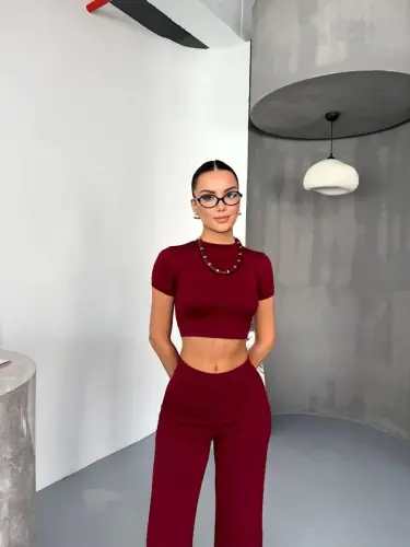 Osy Modal Soft Touch Fabric Short Sleeve Crop Flared Pants Set - Burgundy - 4