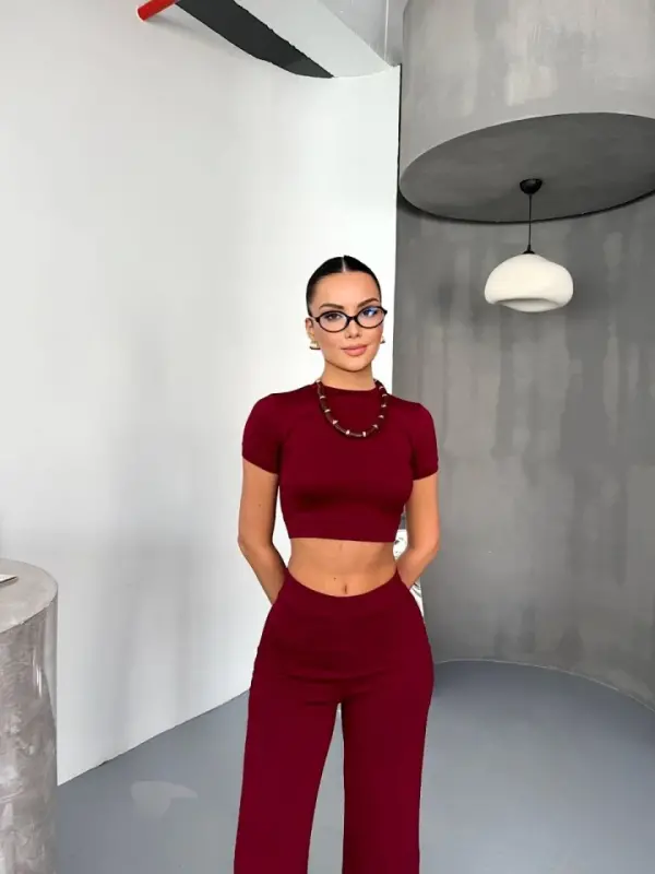 Osy Modal Yumshoq Dokulu Kumaş Qisqa Kollu Crop Alt Ispan Paça Pantalon Ikili Takım - Bordo - 4