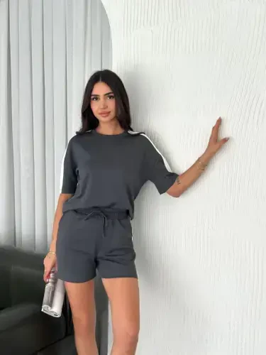 Osy Modal Yumshoq To'qimali Mato Bo'lakli Velosiped Yoqali T-shirt Qisqa Short Ikki Qismli To'plam - Antratsit - 3