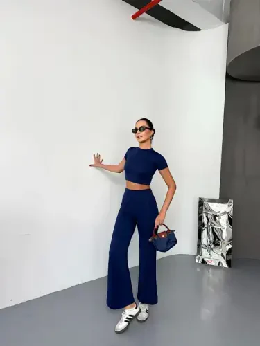 Osy Modal Yumshoq To‘qimali Mato Qisqa Yengli Crop Pastki Ispan Pacha Pantalon Ikki Qismli Kostyum - To‘q ko‘k - 2