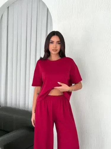Osy Modal Yumshoq To'qimali Mato Velosiped Yoqali T-shirt Keng Poycha Shim Ikki Qismli Kostyum -Bordo - BÜYÜKBEDENIZ (1)