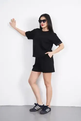 Osy Modal Yumshoq To'qimali Mato Velosiped Yoqali T-shirt Qisqa Short Ikki Qismli Kostyum - Qora - 2