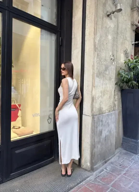 Osy Modal Yumshoq To'qimali Mato Velosiped Yoqali Yengsiz Yirtqichli Uzun Ko'ylak - Oq - 4