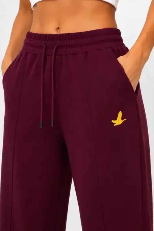 Osy Modal Yumuşak Dokulu Cima Dikişli Nakışlı Cepli Oversize Bol Paça Eşofman Altı - Bordo - 2
