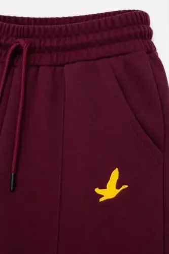 Osy Modal Yumuşak Dokulu Cima Dikişli Nakışlı Cepli Oversize Bol Paça Eşofman Altı - Bordo - 3