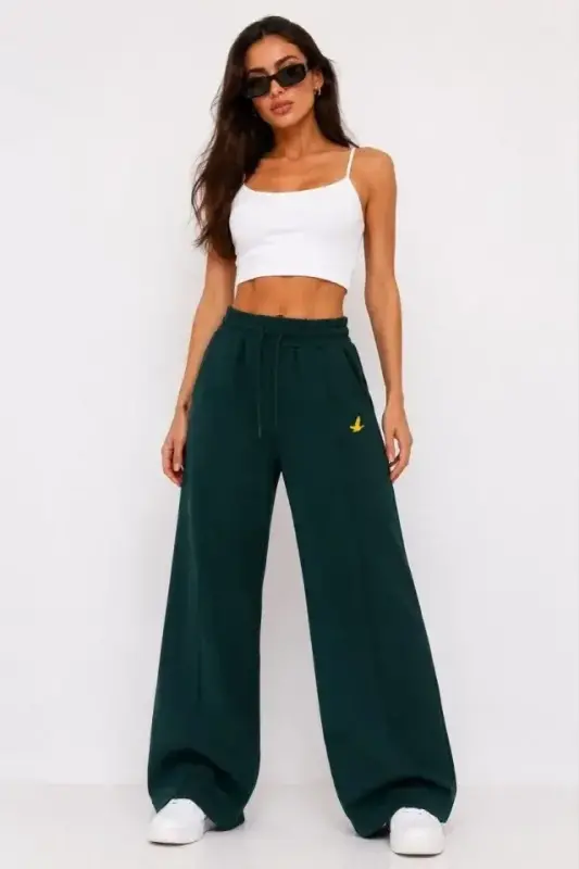Osy Modal Yumuşak Dokulu Cima Dikişli Nakışlı Cepli Oversize Bol Paça Eşofman Altı - Yeşil - 4