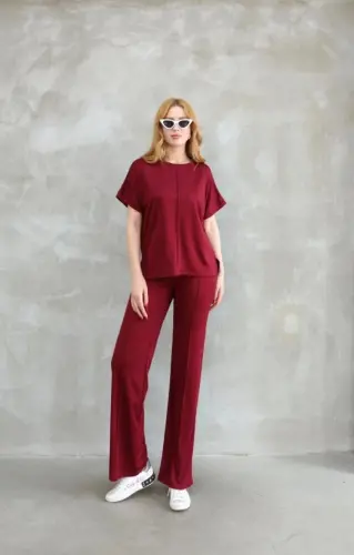 Osy Modal Yumuşak Dokulu Kumaş Bisiklet Yaka Kısa Kollu Takım - Bordo - 1