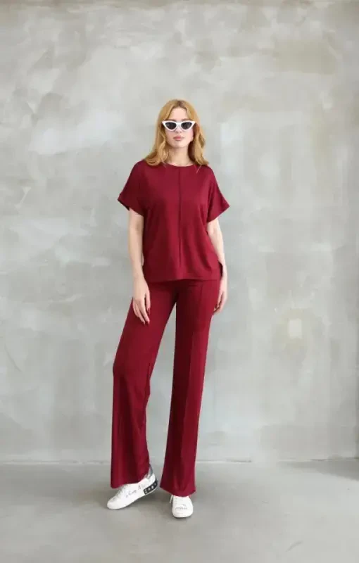 Osy Modal Yumuşak Dokulu Kumaş Bisiklet Yaka Kısa Kollu Takım - Bordo - 1