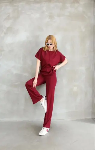 Osy Modal Yumuşak Dokulu Kumaş Bisiklet Yaka Kısa Kollu Takım - Bordo - 2