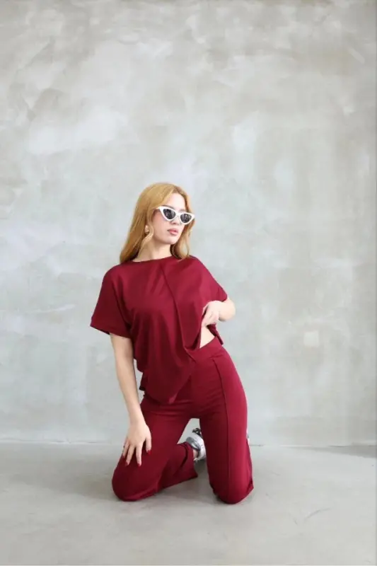 Osy Modal Yumuşak Dokulu Kumaş Bisiklet Yaka Kısa Kollu Takım - Bordo - 3