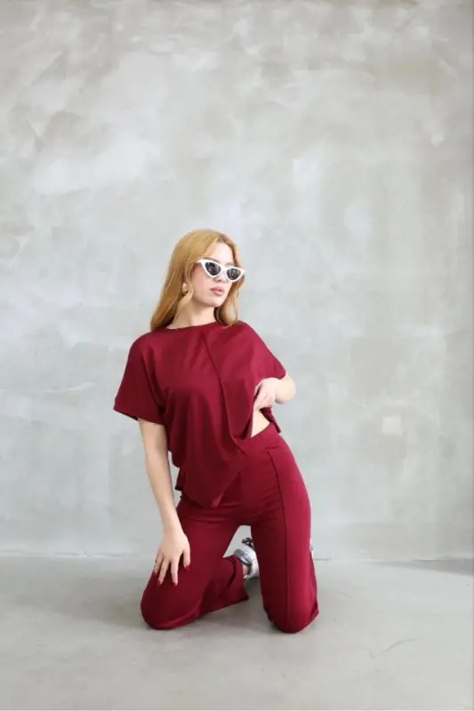 Osy Modal Yumuşak Dokulu Kumaş Bisiklet Yaka Kısa Kollu Takım - Bordo - 3