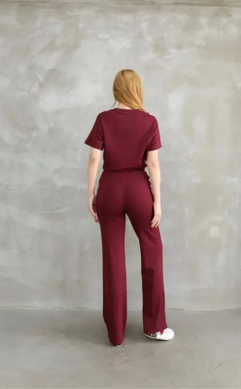 Osy Modal Yumuşak Dokulu Kumaş Bisiklet Yaka Parçalı Detaylı Kısa Kollu Takım - Bordo - 2
