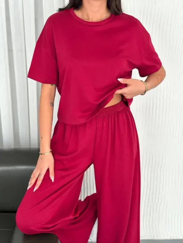 Osy Modal Yumuşak Dokulu Kumaş Bisiklet Yaka T-shirt Bol Paça Pantalon Ikili Takım -Bordo - BÜYÜKBEDENIZ