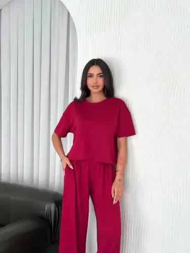 Osy Modal Yumuşak Dokulu Kumaş Bisiklet Yaka T-shirt Bol Paça Pantalon Ikili Takım -Bordo - 3