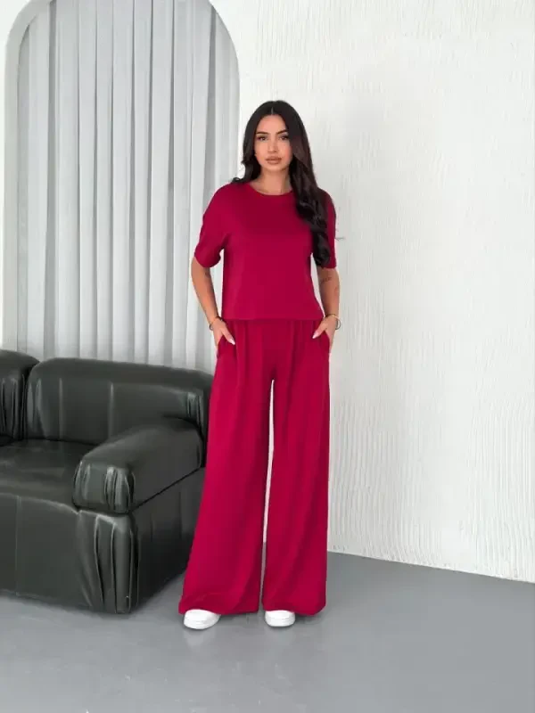Osy Modal Yumuşak Dokulu Kumaş Bisiklet Yaka T-shirt Bol Paça Pantalon Ikili Takım -Bordo - 4
