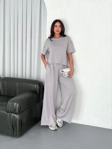 Osy Modal Yumuşak Dokulu Kumaş Bisiklet Yaka T-shirt Bol Paça Pantalon Ikili Takım - Boyalı Gri - 1
