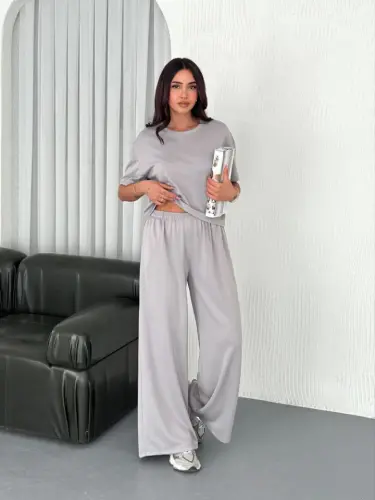 Osy Modal Yumuşak Dokulu Kumaş Bisiklet Yaka T-shirt Bol Paça Pantalon Ikili Takım - Boyalı Gri - 2